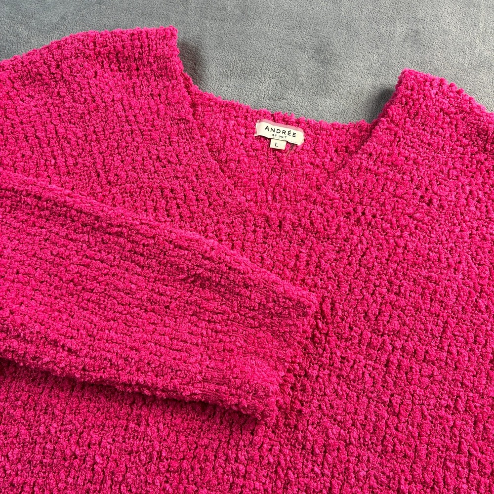 ANDRÉE BY UNIT Hot Pink Textured Chunky‎ Knit V Neck Sweater Women's Size L